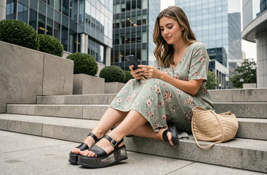 Femme assise sur des marches urbaines avec des sandales à plateforme transparentes et robe florale en été