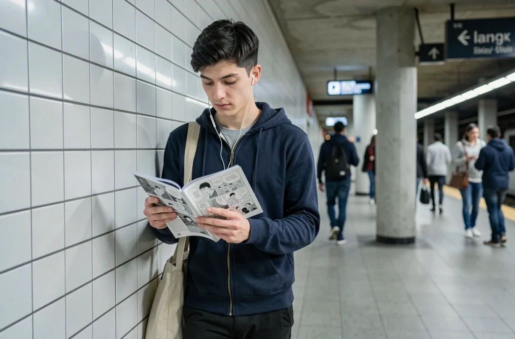 Jeune homme lisant un scan de manga Phoenix sur mobile dans le métro, lecture numérique en déplacement
