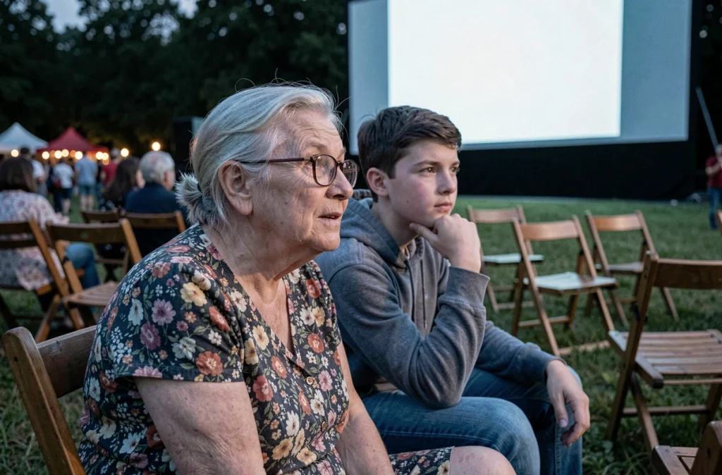 Une femme âgée et un adolescent regardant un film ensemble lors d'un festival de cinéma en plein air