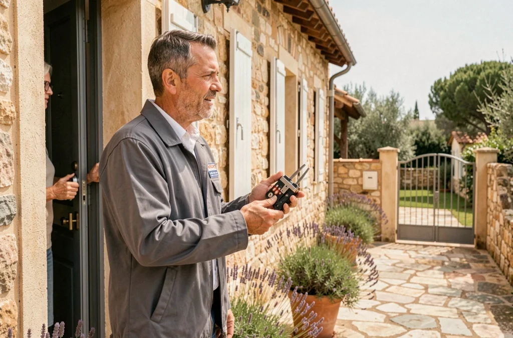 Serrurier David discutant avec un propriétaire devant la porte d'une villa niçoise, tenant un jeu de crochets professionnels