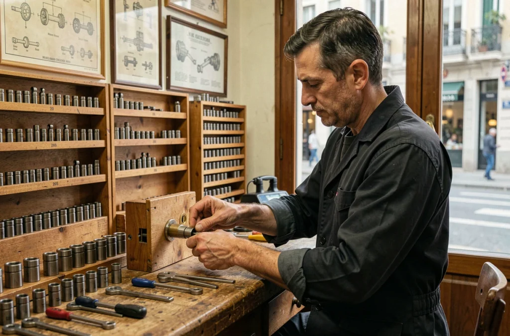 Serrurier Éric re-clé un cylindre de serrure à son établi dans son atelier de serrurerie traditionnel à Nice