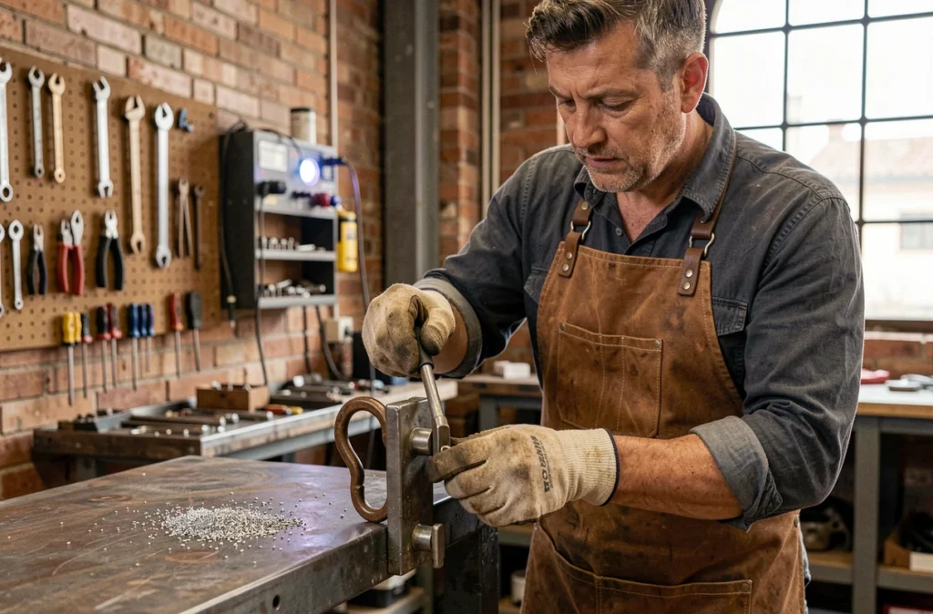 Artisan de Serrurerie Métallerie Nice travaillant sur une pièce en fer forgé dans un atelier professionnel avec outils suspendus en arrière-plan