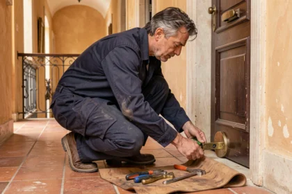 Serrurier professionnel au travail devant une porte d'appartement à Nice, avec ses outils posés sur un tapis en cuir dans un couloir de style méditerranéen