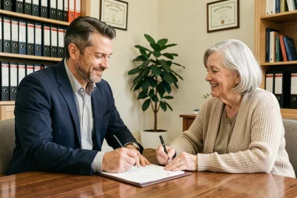 Investisseur et propriétaire âgée signant un contrat de vente en viager chez un notaire