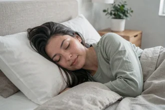 Femme dormant paisiblement dans une chambre minimaliste aux tons neutres, illustrant le sommeil réparateur pour renforcer l'immunité
