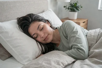 Femme dormant paisiblement dans une chambre minimaliste aux tons neutres, illustrant le sommeil réparateur pour renforcer l'immunité
