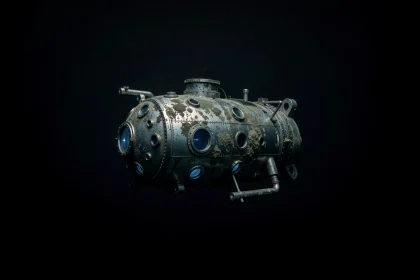 Sous-marin de recherche des grandes profondeurs explorant la fosse des Mariannes dans l'obscurité totale