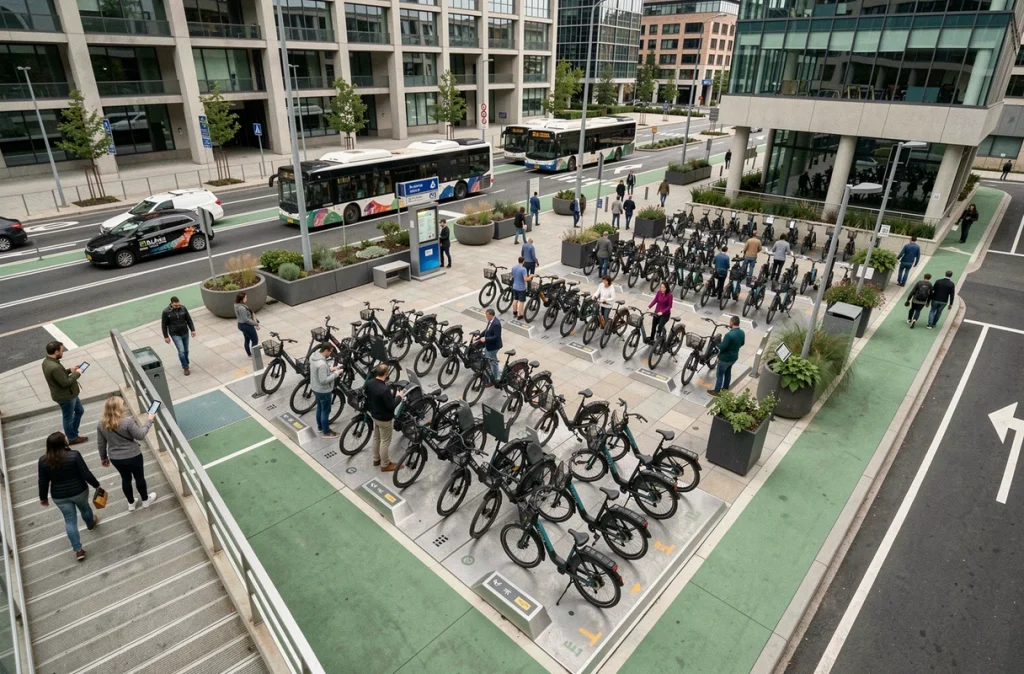 Station de vélos électriques en libre-service vue de hauteur dans un quartier urbain moderne