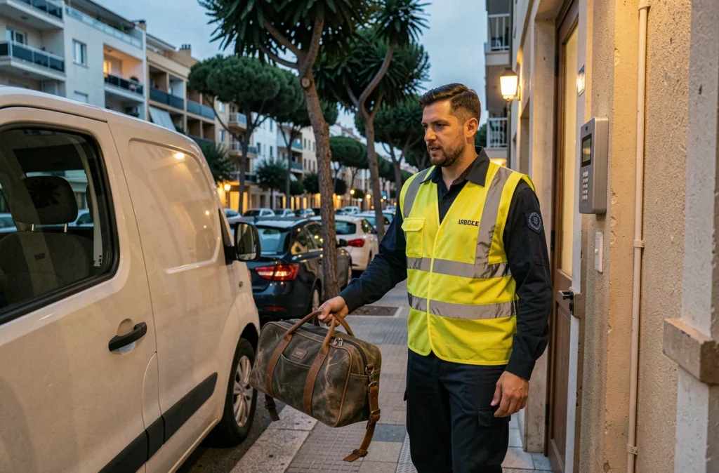 Technicien de Stremler ADI arrivant en urgence devant un immeuble niçois en fin de journée, extrayant son sac à outils d'un van de service blanc