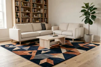 Salon moderne avec tapis à motifs géométriques en bleu marine et terracotta sur parquet chêne clair