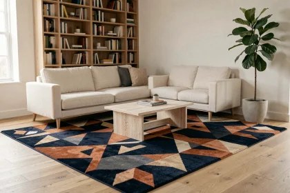 Salon moderne avec tapis à motifs géométriques en bleu marine et terracotta sur parquet chêne clair