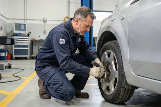 Technicien automobile inspectant les freins d'un véhicule lors d'un contrôle technique en garage professionnel