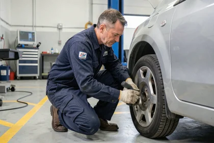 Technicien automobile inspectant les freins d'un véhicule lors d'un contrôle technique en garage professionnel