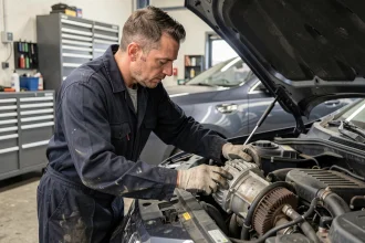 Technicien automobile inspectant le compresseur de climatisation sous le capot d'une voiture en garage