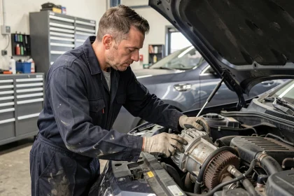 Technicien automobile inspectant le compresseur de climatisation sous le capot d'une voiture en garage