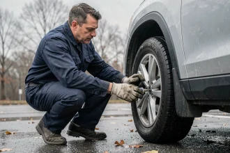 Technicien automobile inspectant un pneu hiver sur un SUV dans un parking mouillé en automne