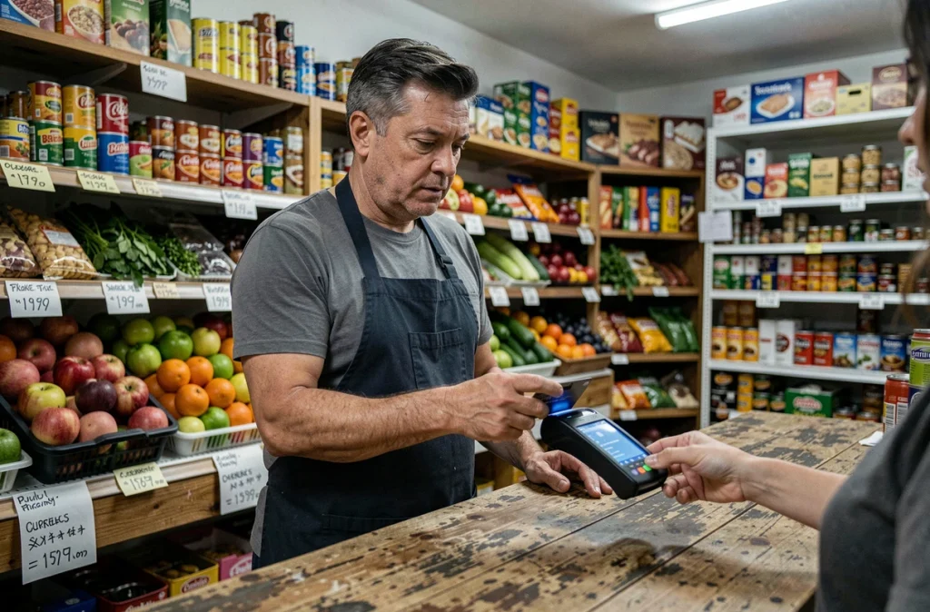 Commerçant utilisant un terminal de paiement sans contact dans une épicerie de proximité