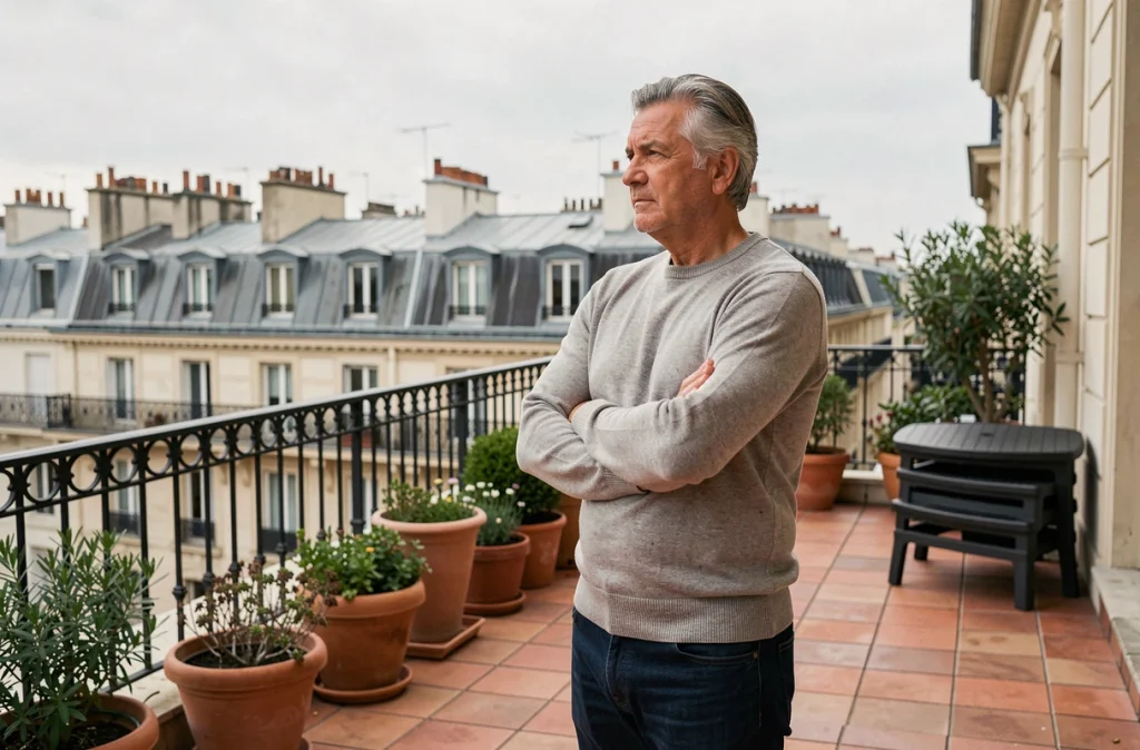 Copropriétaire sur une terrasse commune d'immeuble haussmannien à Paris contemplant les parties partagées de la copropriété
