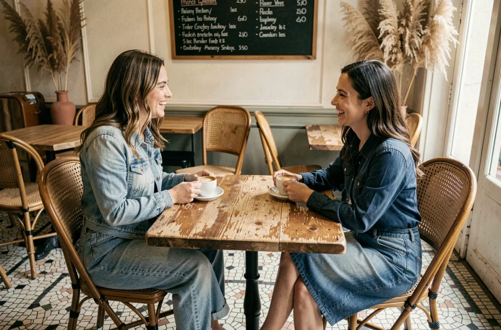 Deux femmes en total look denim aux teintes différentes attablées dans un café parisien authentique en train de discuter