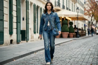 Femme portant un total look denim veste et jean flare indigo dans une rue pavée parisienne en automne