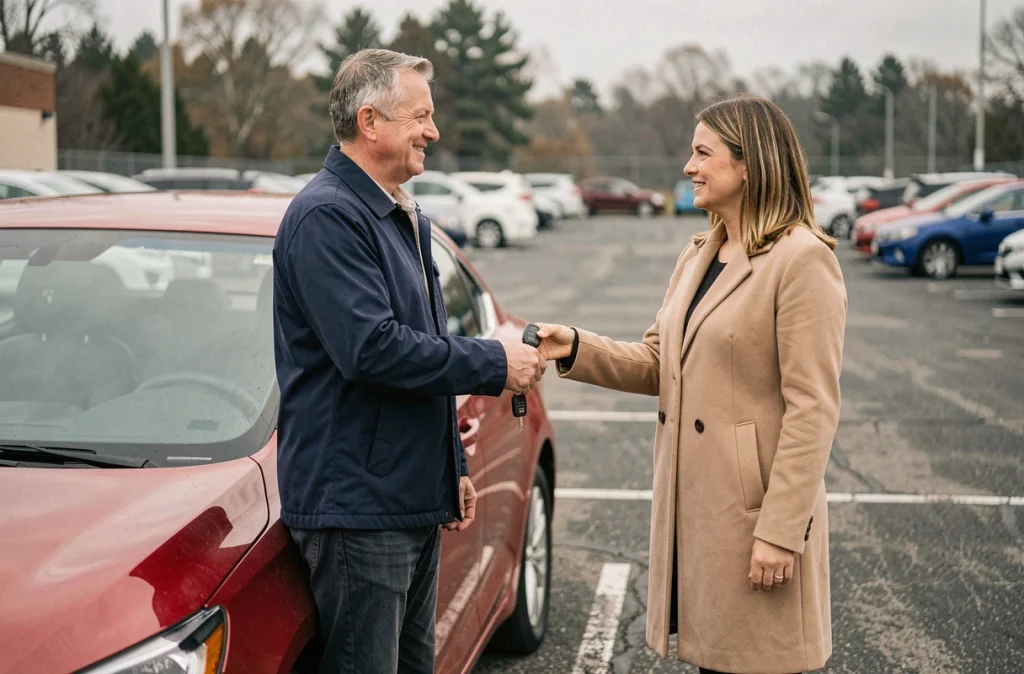 Vendeur et acheteur finalisant la transaction de vente d'une voiture d'occasion dans un parking
