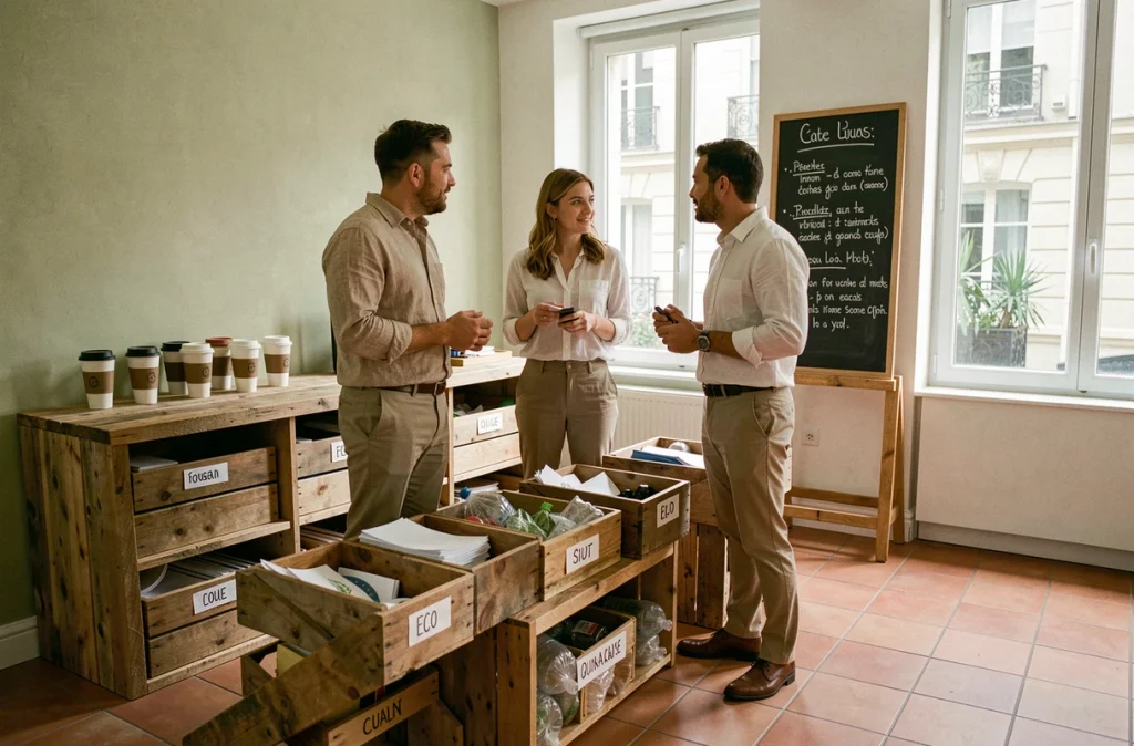 Employés de bureau participant au tri sélectif dans une entreprise écoresponsable en France