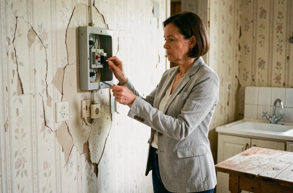Femme vérifiant le tableau électrique vétuste dans la cuisine d'une maison ancienne à rénover