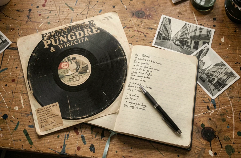 Flat lay d'un disque vinyle de chanson française, d'un carnet de paroles manuscrites et d'une photo de rue parisienne sur un bureau en bois vintage