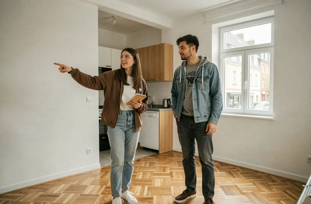Deux étudiants visitant un studio vide lors d'une première visite de logement locatif